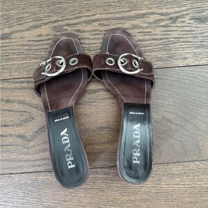 Prada Brown Suede Kitten Heeled Mules with Buckle